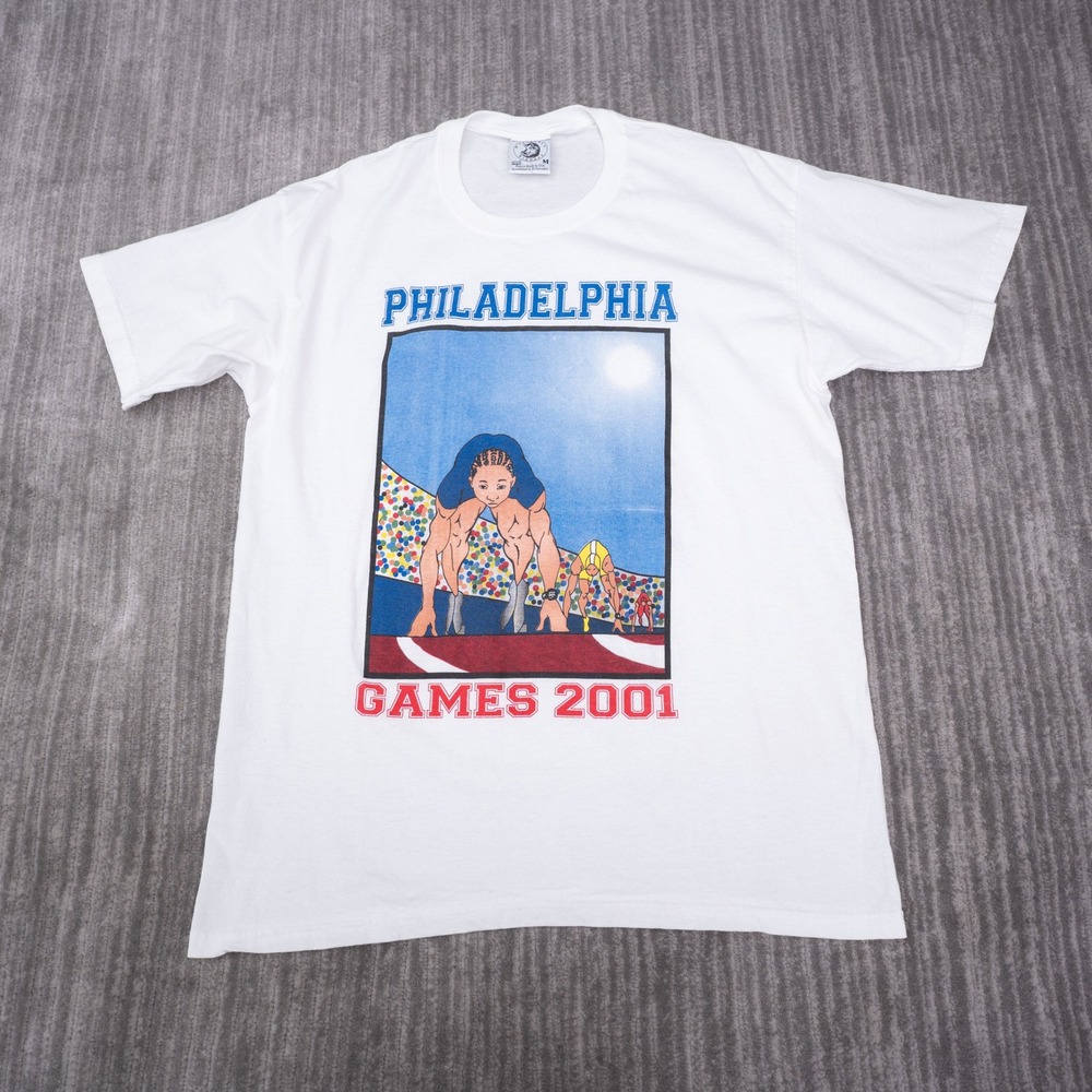 Philadelphia T-Shirt Mens M Games 2001 White Track Field Authentic Pigment EUC